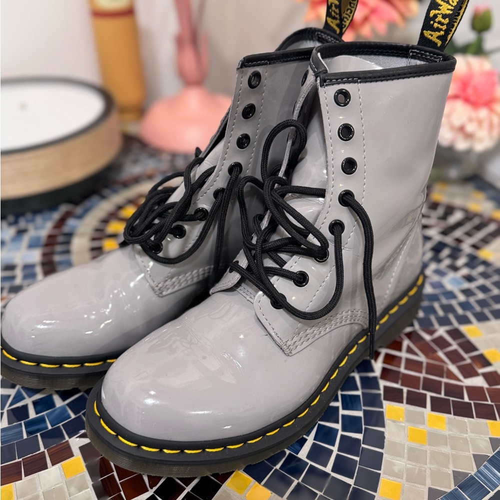Dr. Martens Gray Patent Leather Combat Boots